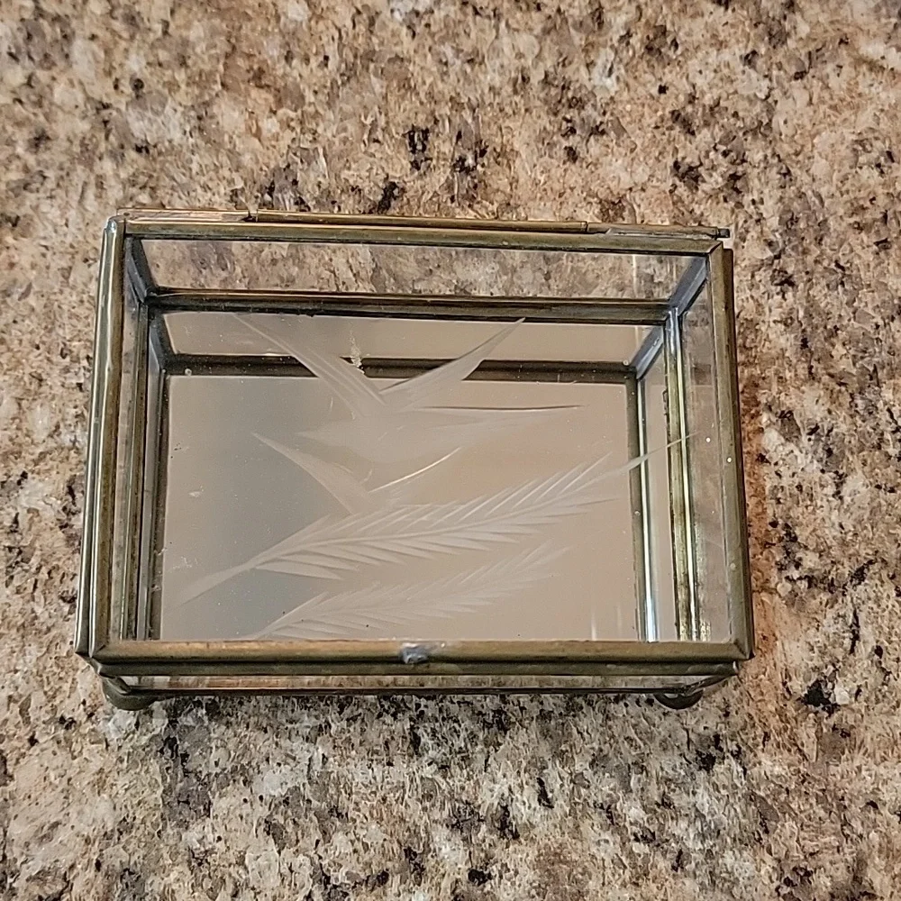 Vintage Hecho Glass Etched Glass Bird Jewelry Trinket Box
